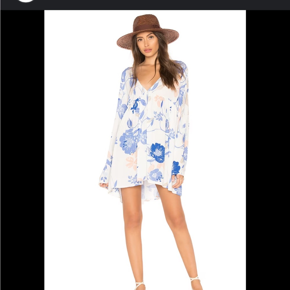 Free People Bella Floral Print Tunic Ivory Blue Combo S